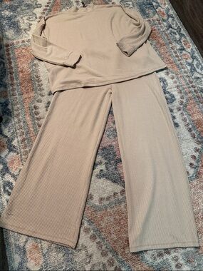 Zenana Outfitters Ribbed Wide-Leg Lounge Pants and Long sleeve top in Cream